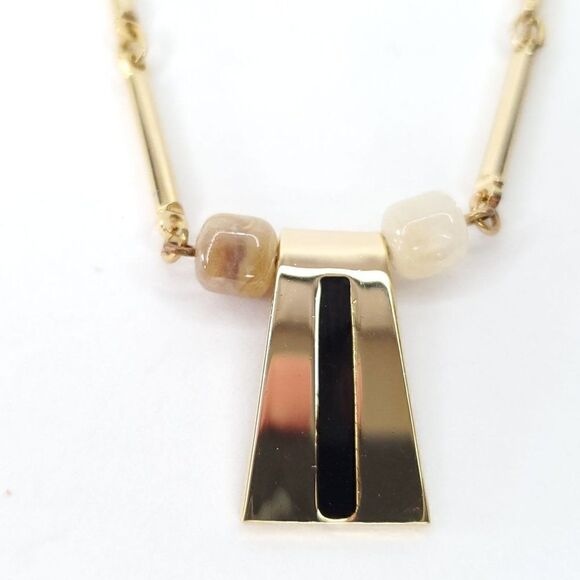Vintage NEW 80s Retro Black Stripe Geometric Pendant Link Necklace Gold Tone - Picture 1 of 4